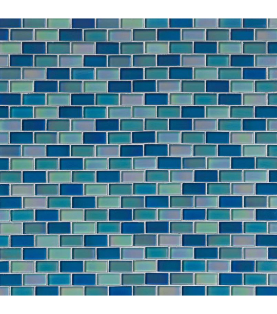 Iridescent Blue Blend Glass Brick Pattern Backsplash Artistic